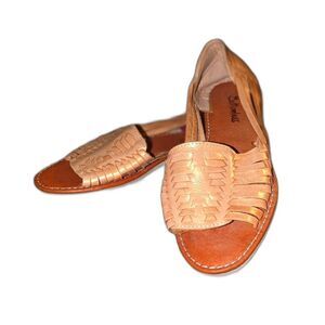 Bottomless Leather Golden Huarache Peep Toe Flats Boho Western Effortless Chic
